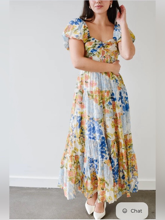THML Dresses & Skirts - THML Floral Puff-Sleeve Maxi Dress in Blue, Yellow & Cream
